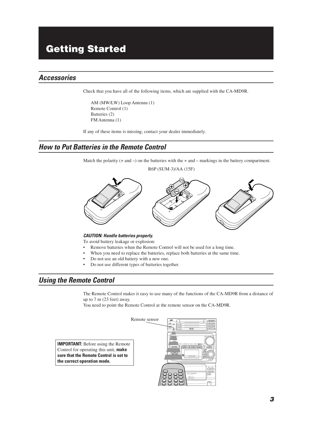 JVC CA-MD9R manual Getting Started, Accessories, How to Put Batteries in the Remote Control, Using the Remote Control 