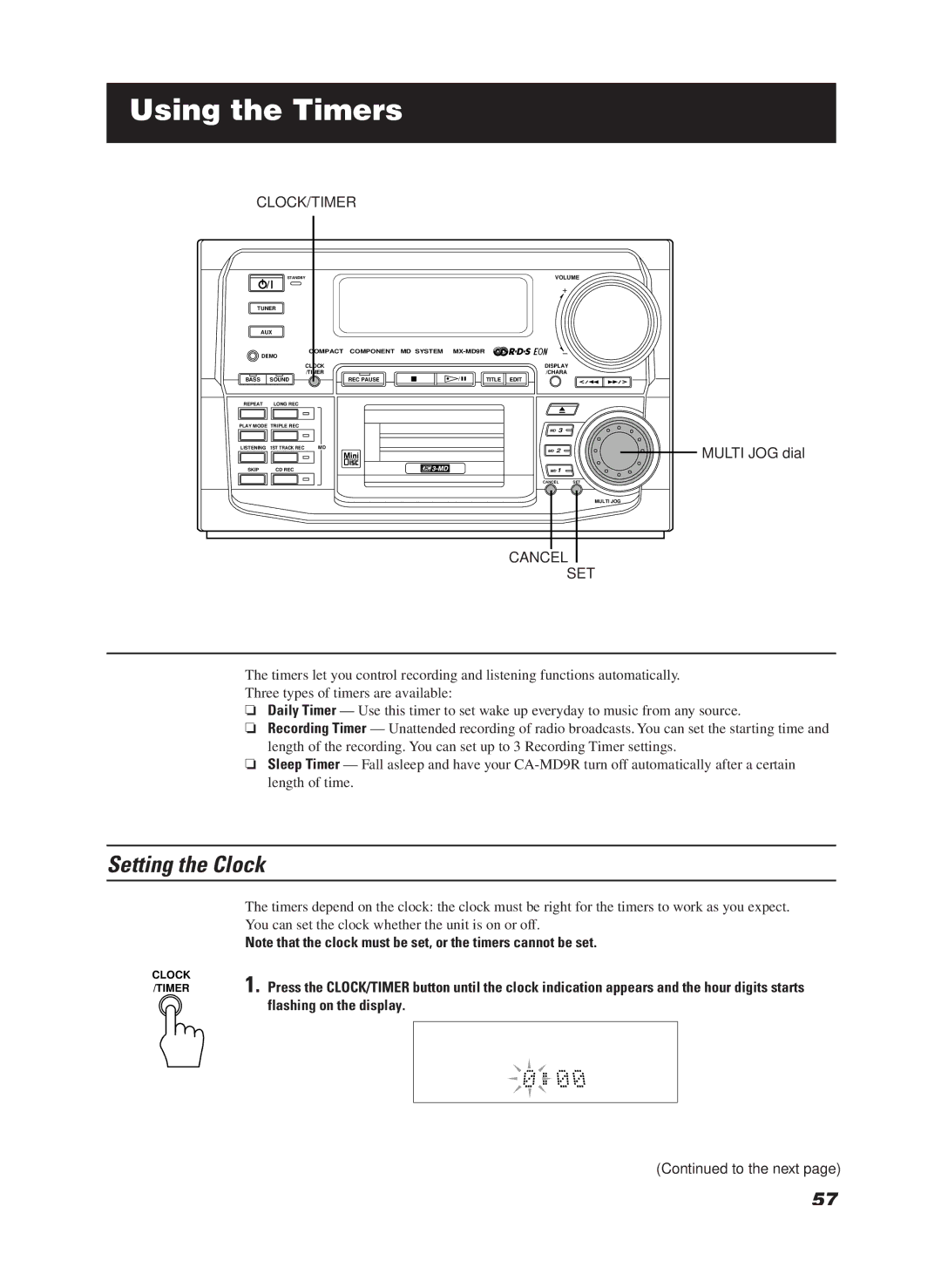 JVC CA-MD9R manual Using the Timers, Setting the Clock 