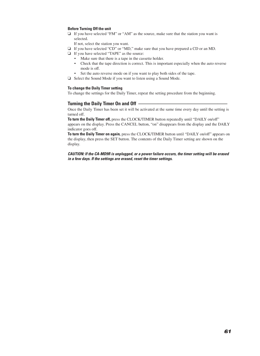 JVC CA-MD9R manual Turning the Daily Timer On and Off, Before Turning Off the unit, To change the Daily Timer setting 