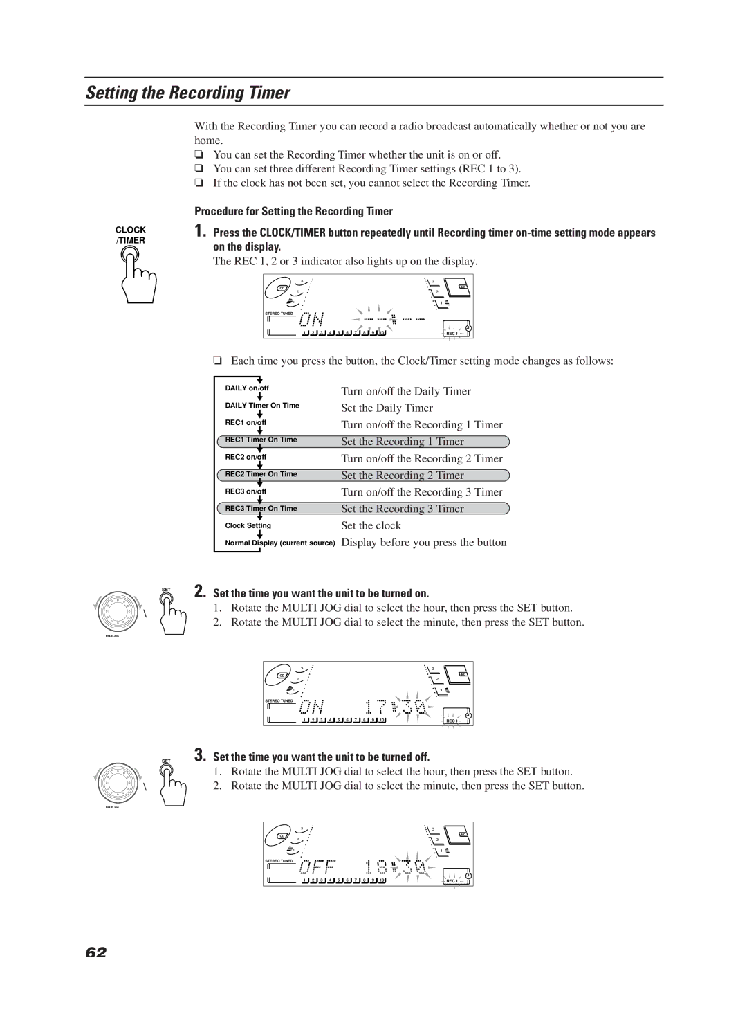 JVC CA-MD9R Procedure for Setting the Recording Timer, On the display, Set the time you want the unit to be turned on 