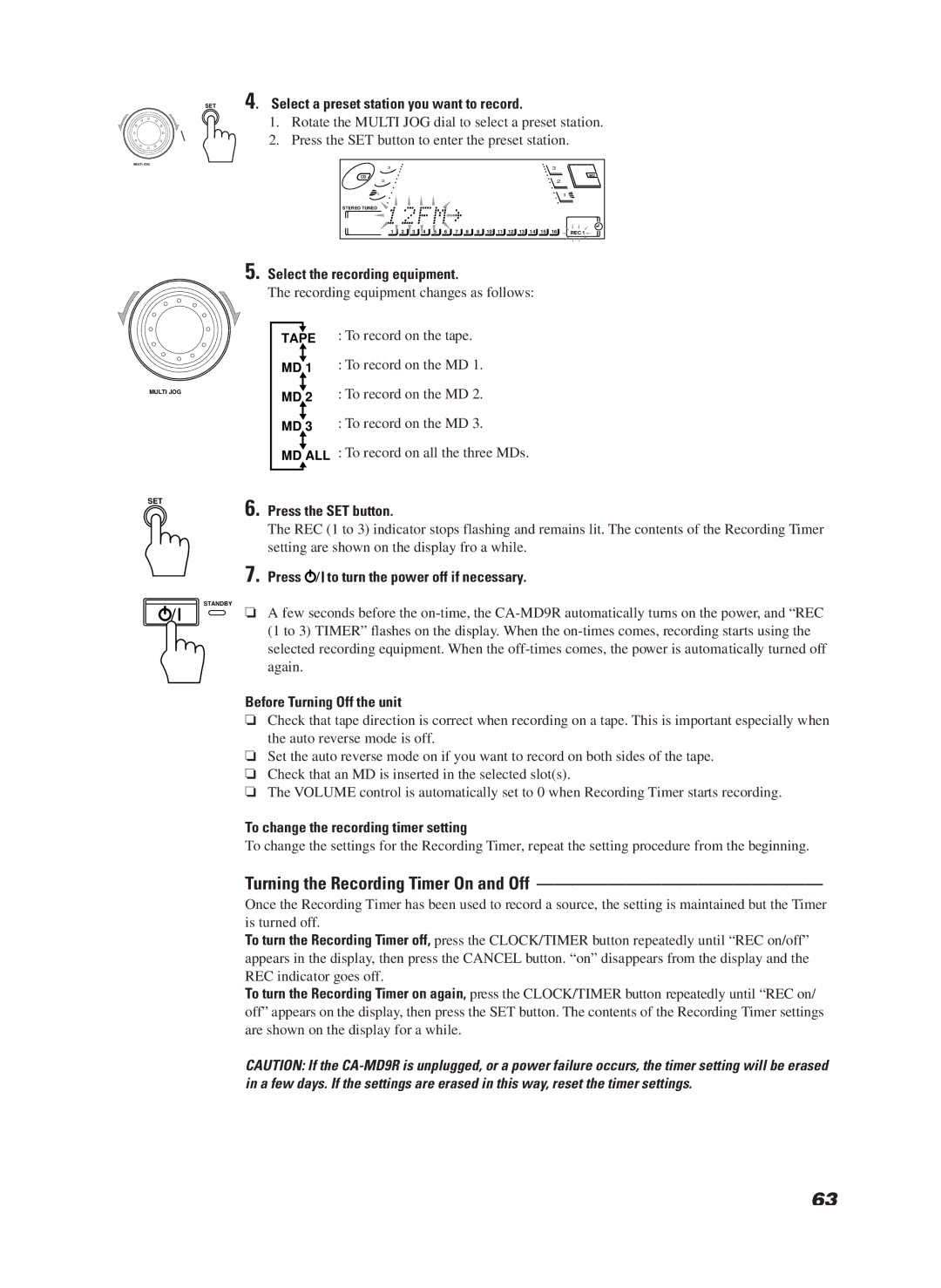 JVC CA-MD9R manual Turning the Recording Timer On and Off, SET4. Select a preset station you want to record 