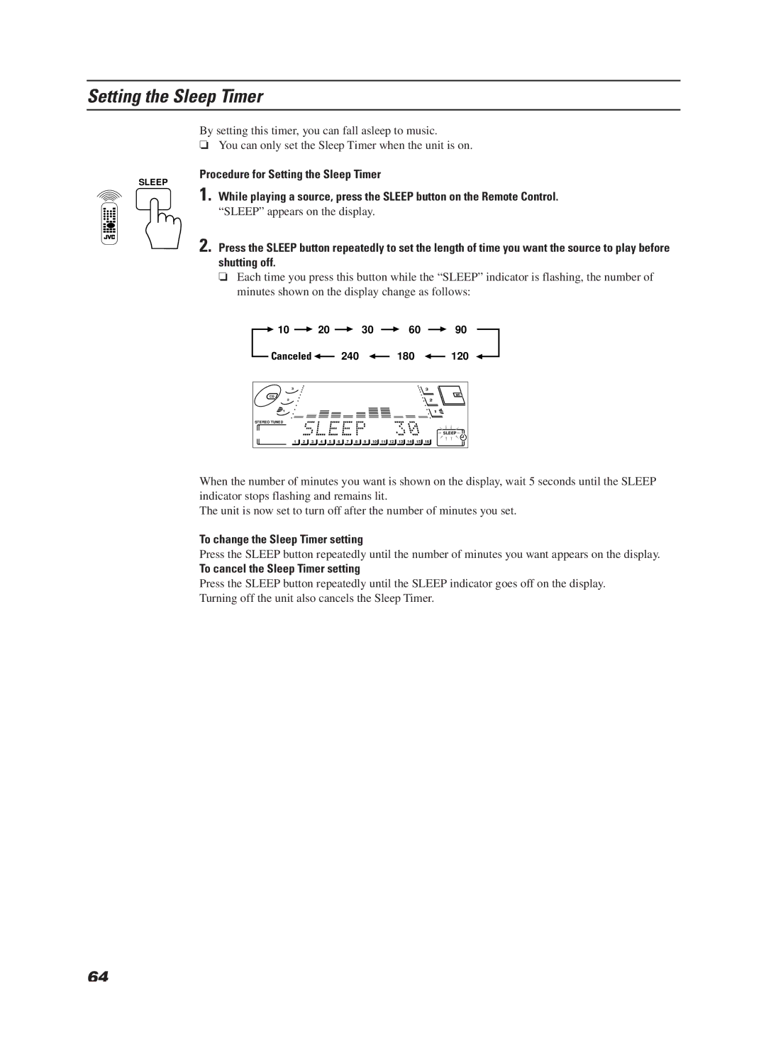 JVC CA-MD9R manual Procedure for Setting the Sleep Timer, To change the Sleep Timer setting 