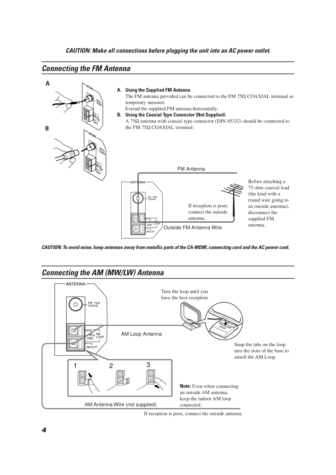 JVC CA-MD9R manual Connecting the FM Antenna, Connecting the AM MW/LW Antenna, Using the Supplied FM Antenna 