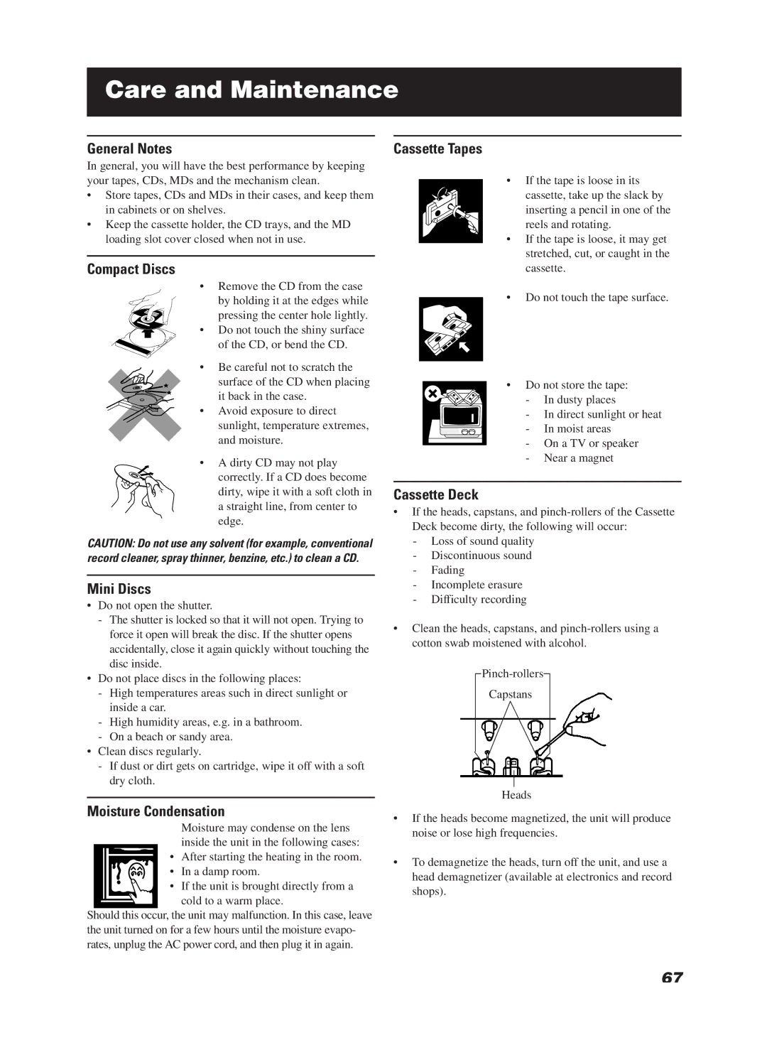 JVC CA-MD9R manual Care and Maintenance 