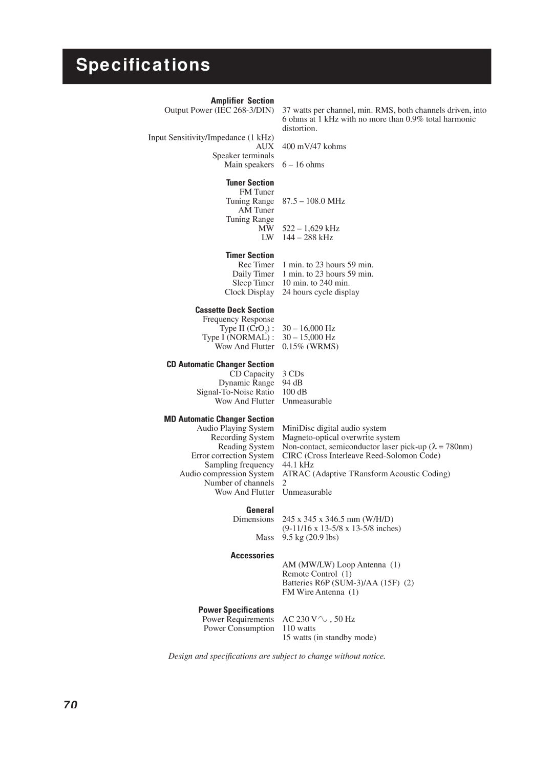 JVC CA-MD9R manual Specifications 