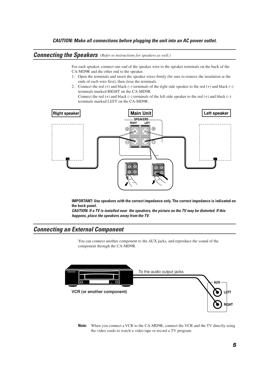 JVC CA-MD9R manual Connecting an External Component, To the audio output jacks 