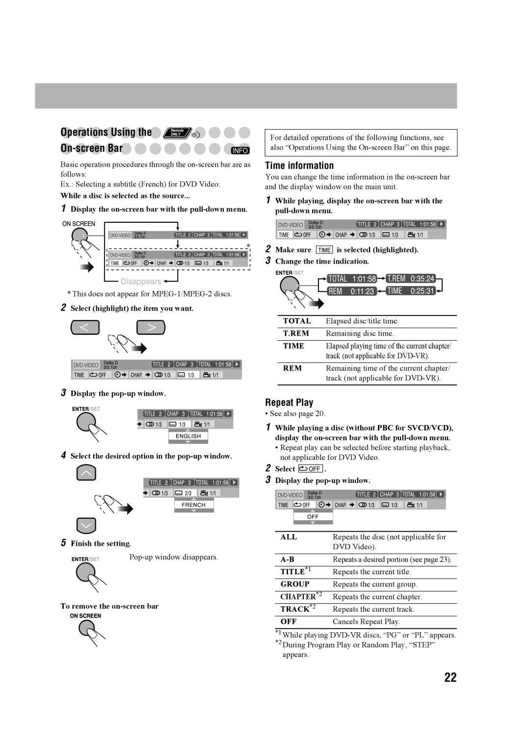 JVC CA-MXDK11 manual Operations Using On-screen Bar, Time information, Repeat Play 