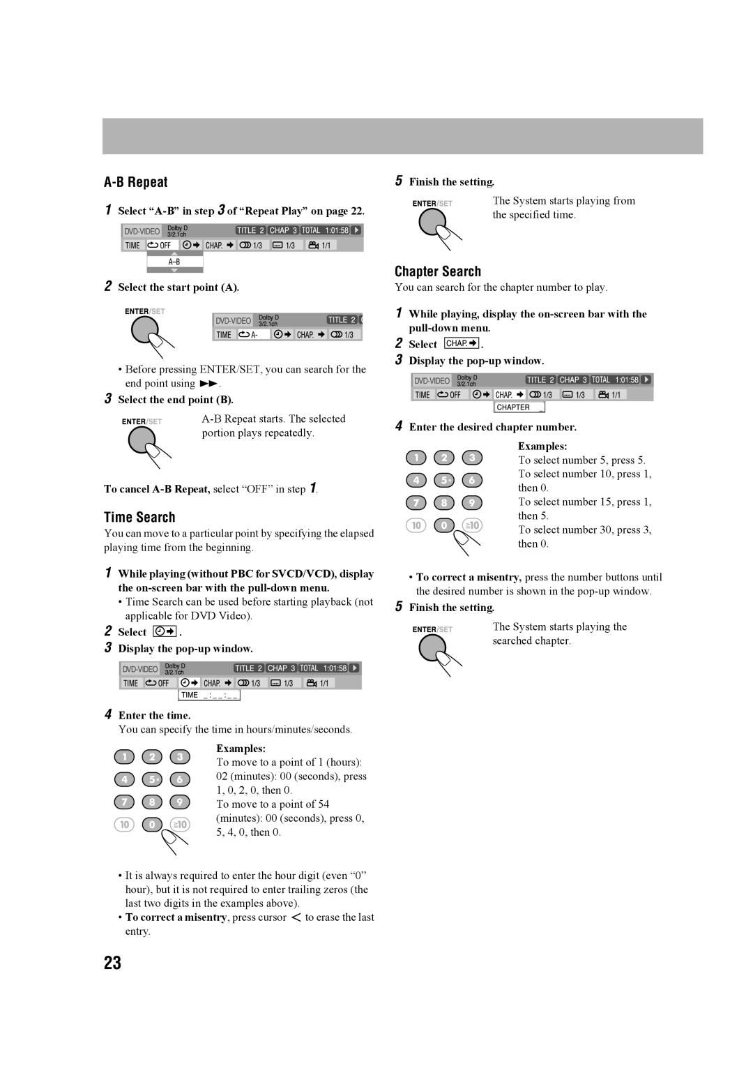 JVC CA-MXDK11 manual Time Search, Chapter Search, Select A-B in of Repeat Play on Select the start point a 