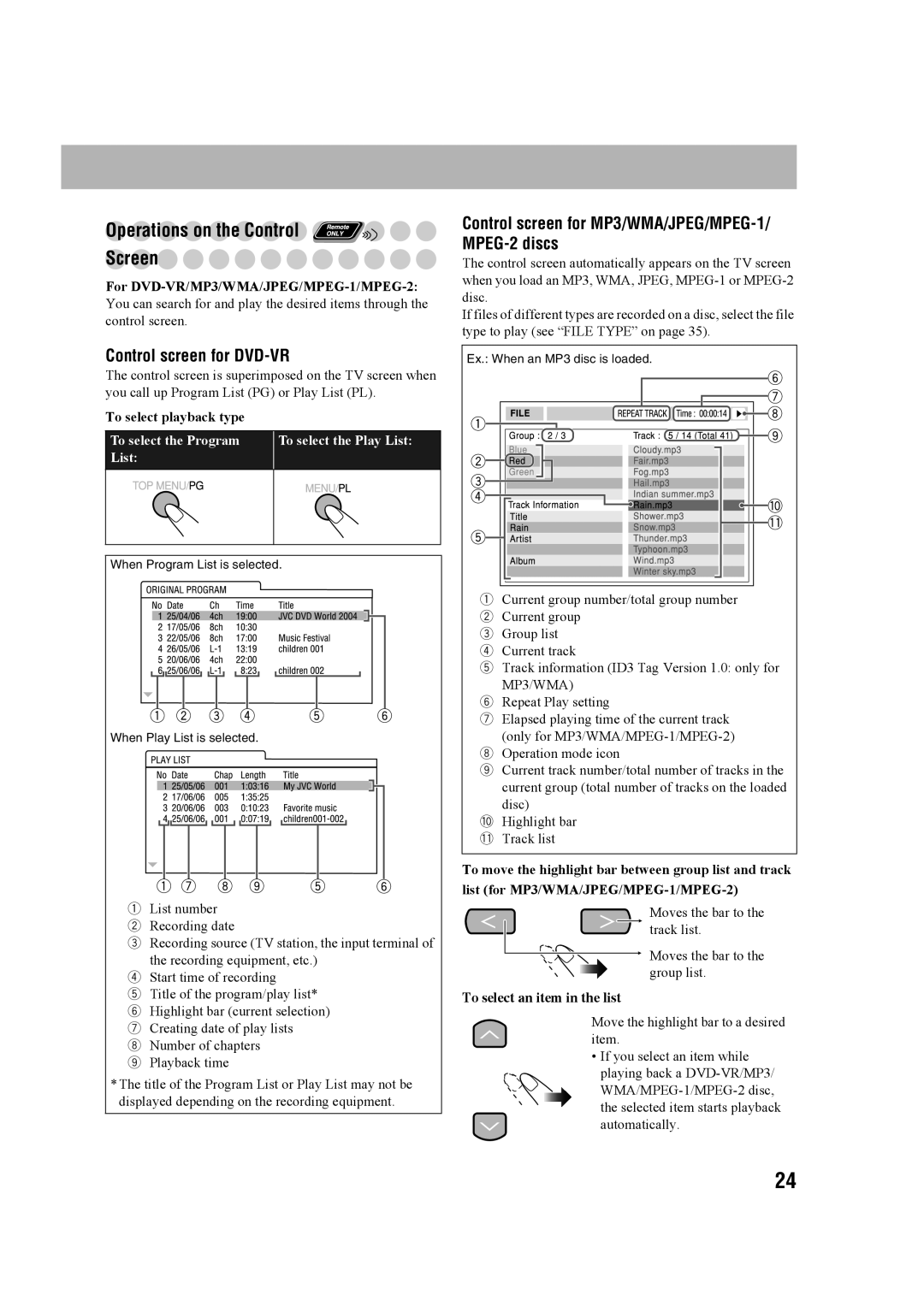 JVC CA-MXDK11 manual Operations on the Control Screen, Control screen for DVD-VR, To select playback type 