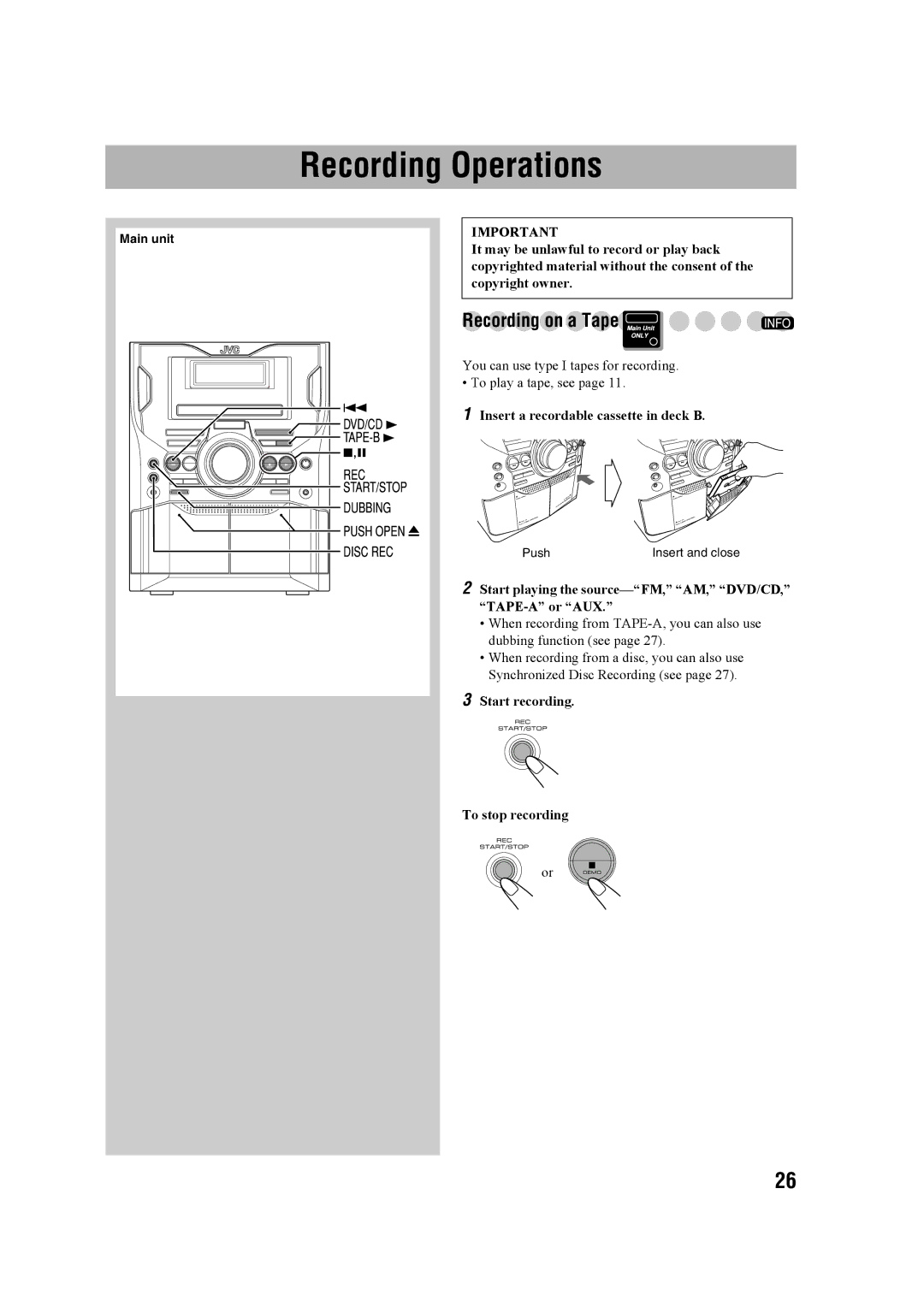 JVC CA-MXDK11 manual Recording Operations, Recording on a Tape, Insert a recordable cassette in deck B 