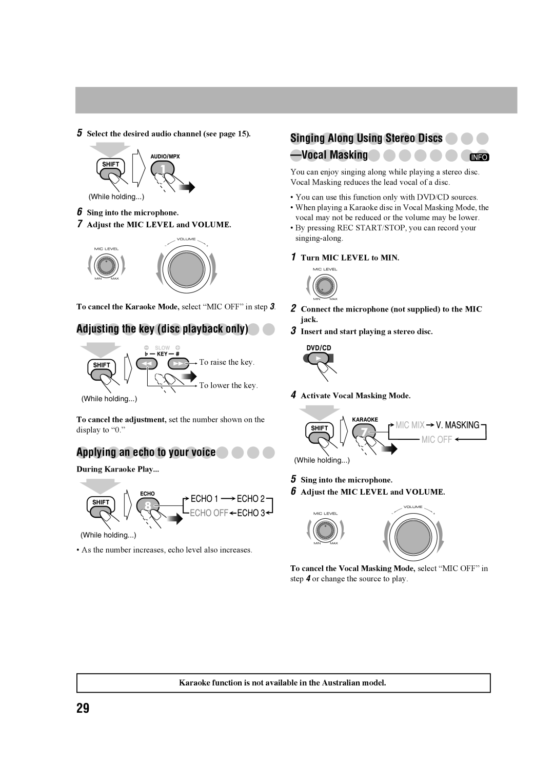 JVC CA-MXDK11 Applying an echo to your voice, Adjusting the key disc playback only, Select the desired audio channel see 