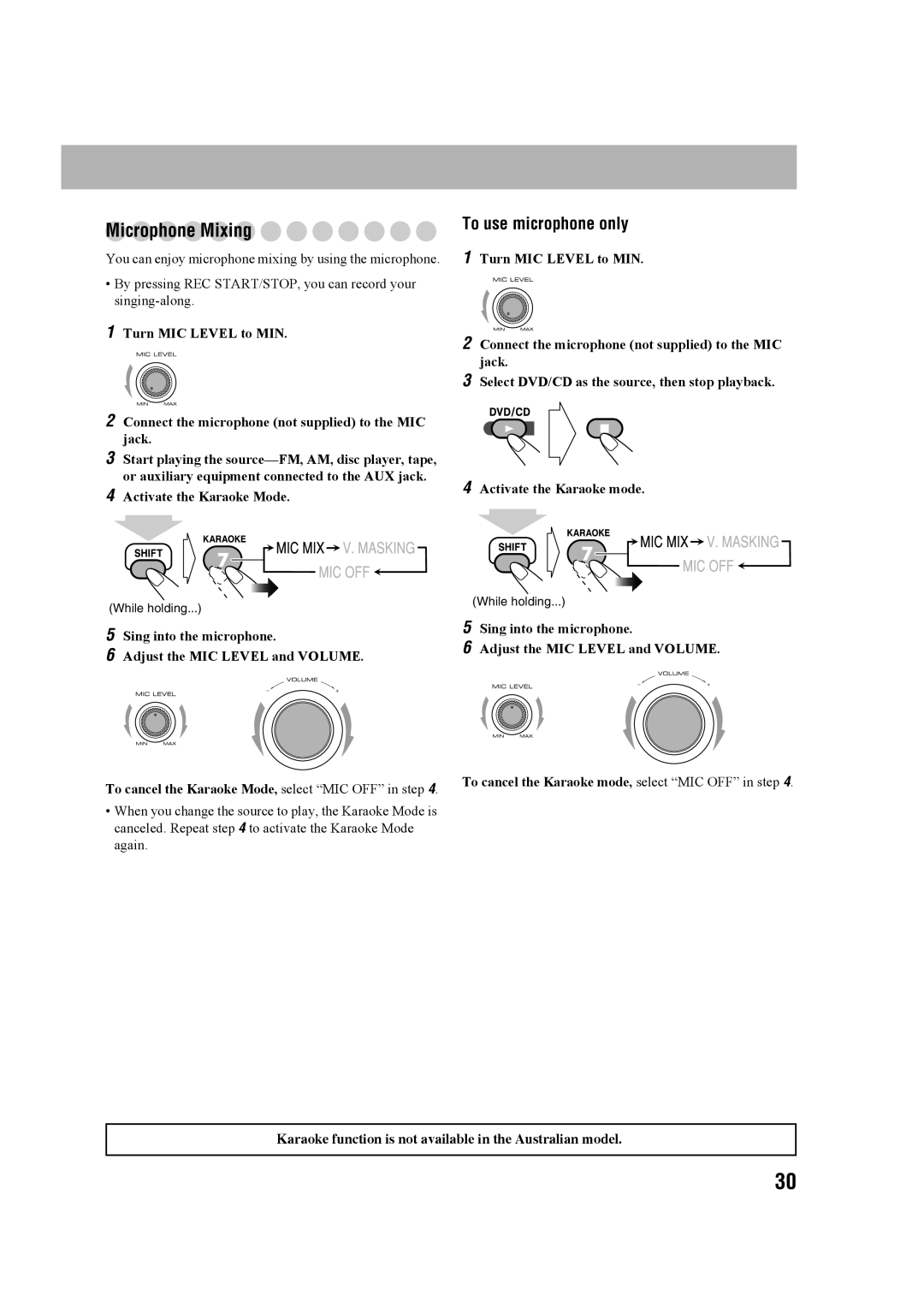 JVC CA-MXDK11 manual Microphone Mixing, To use microphone only 