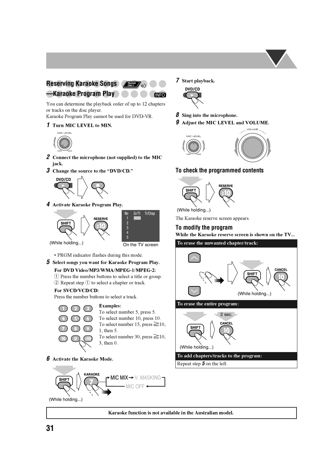 JVC CA-MXDK11 manual Reserving Karaoke Songs Karaoke Program Play, To modify the program, For SVCD/VCD/CD 