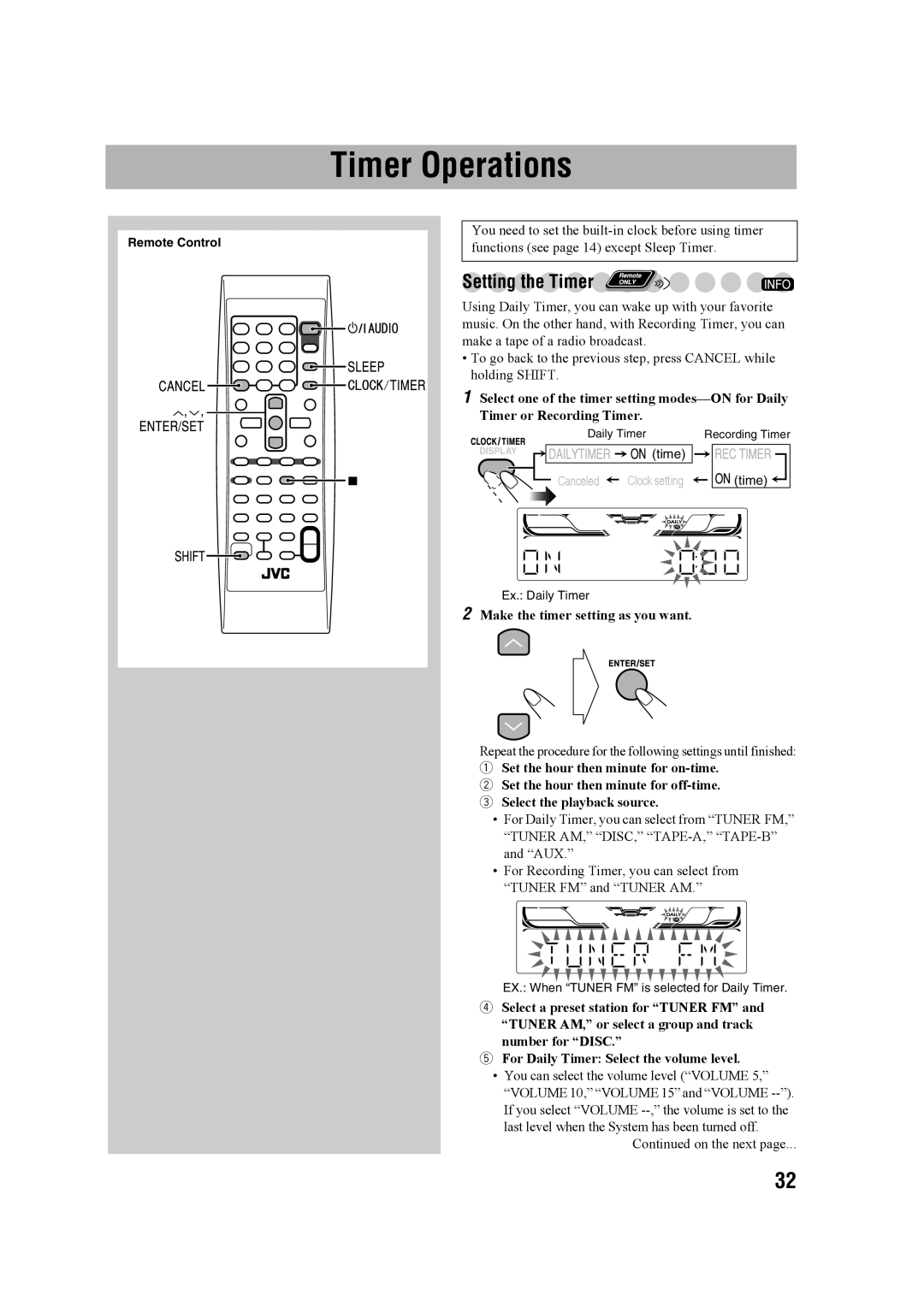 JVC CA-MXDK11 manual Timer Operations, Setting the Timer, Make the timer setting as you want 