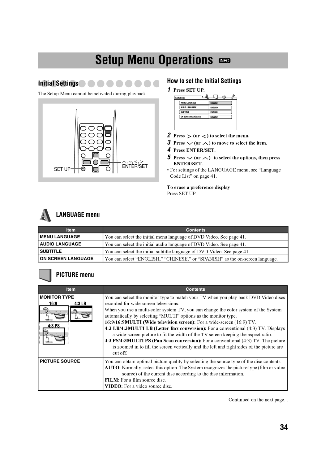 JVC CA-MXDK11 manual Setup Menu Operations, Language menu How to set the Initial Settings, Picture menu 