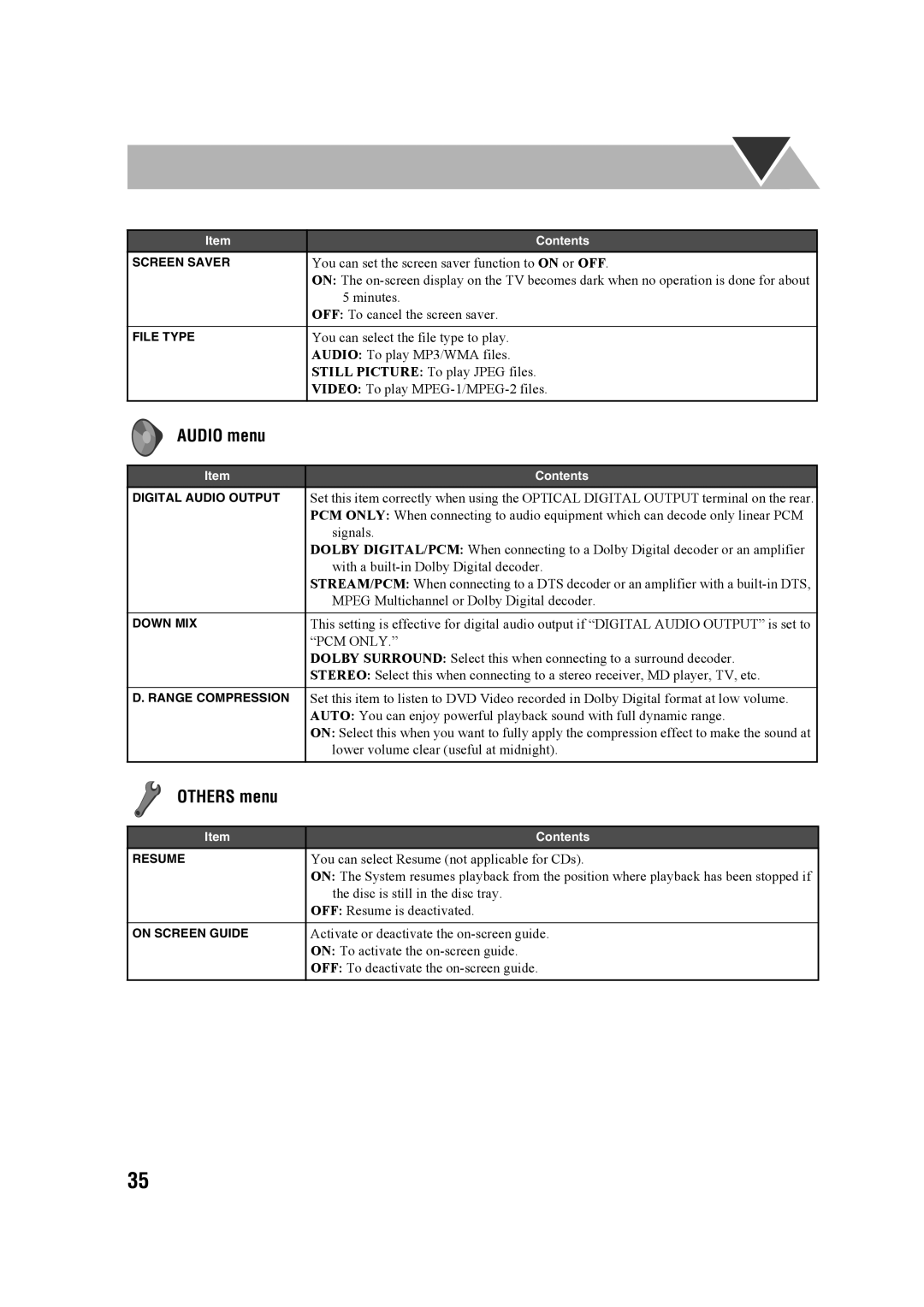 JVC CA-MXDK11 manual Audio menu, Others menu 