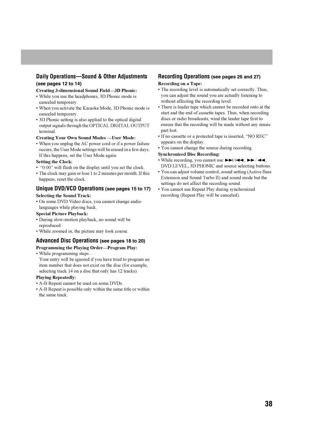 JVC CA-MXDK11 manual Recording Operations see pages 26, Daily Operations-Sound & Other Adjustments 