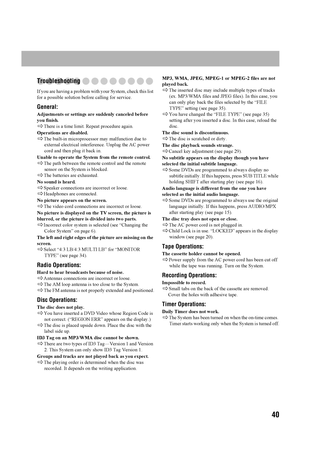 JVC CA-MXDK11 manual Troubleshooting 