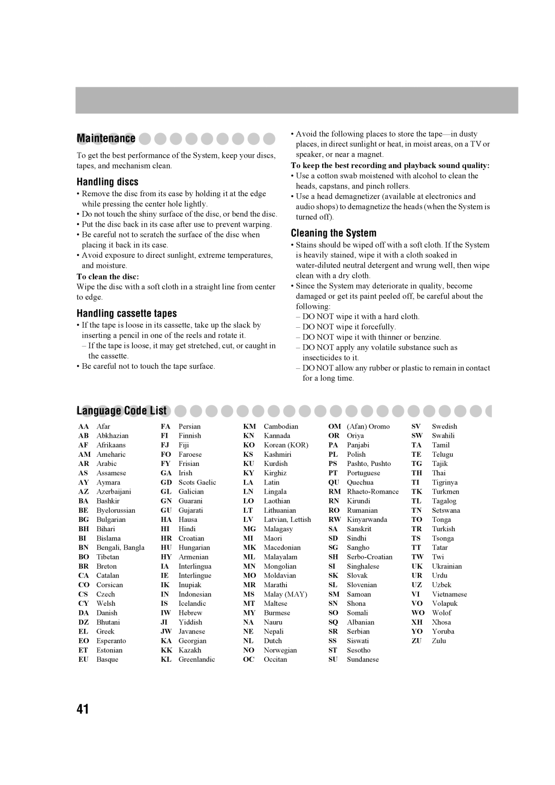 JVC CA-MXDK11 manual Maintenance, Language Code List, Handling discs, Handling cassette tapes, Cleaning the System 