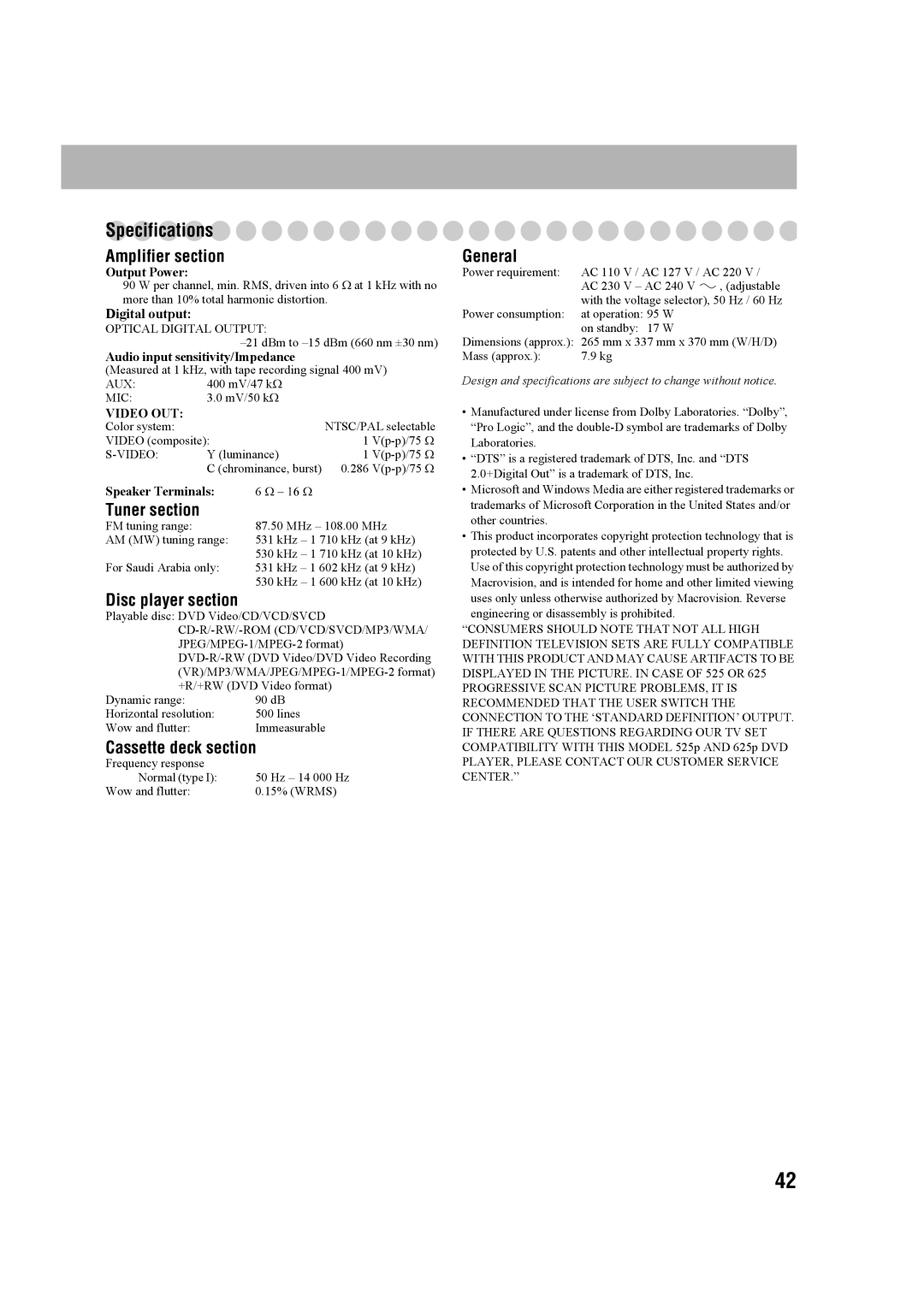 JVC CA-MXDK11 manual Specifications, Amplifier section, Tuner section, Disc player section, Cassette deck section 