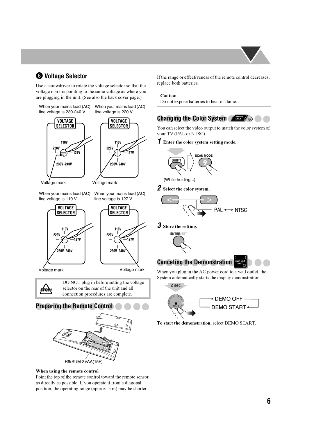 JVC CA-MXDK11 ¤ Voltage Selector, Preparing the Remote Control, Canceling the Demonstration, Changing the Color System 