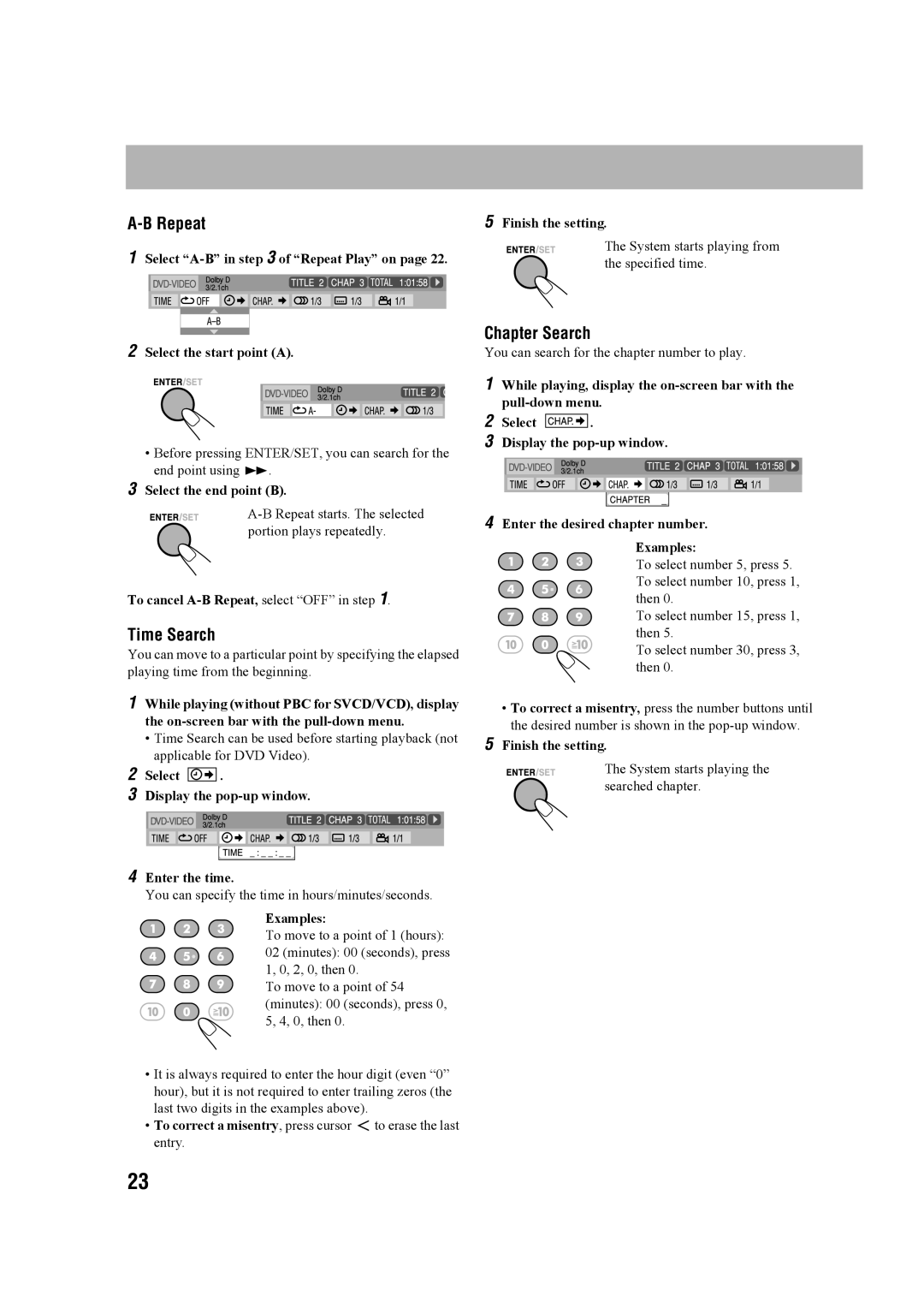 JVC CA-MXDK11 manual Time Search, Chapter Search, A-BRepeat 