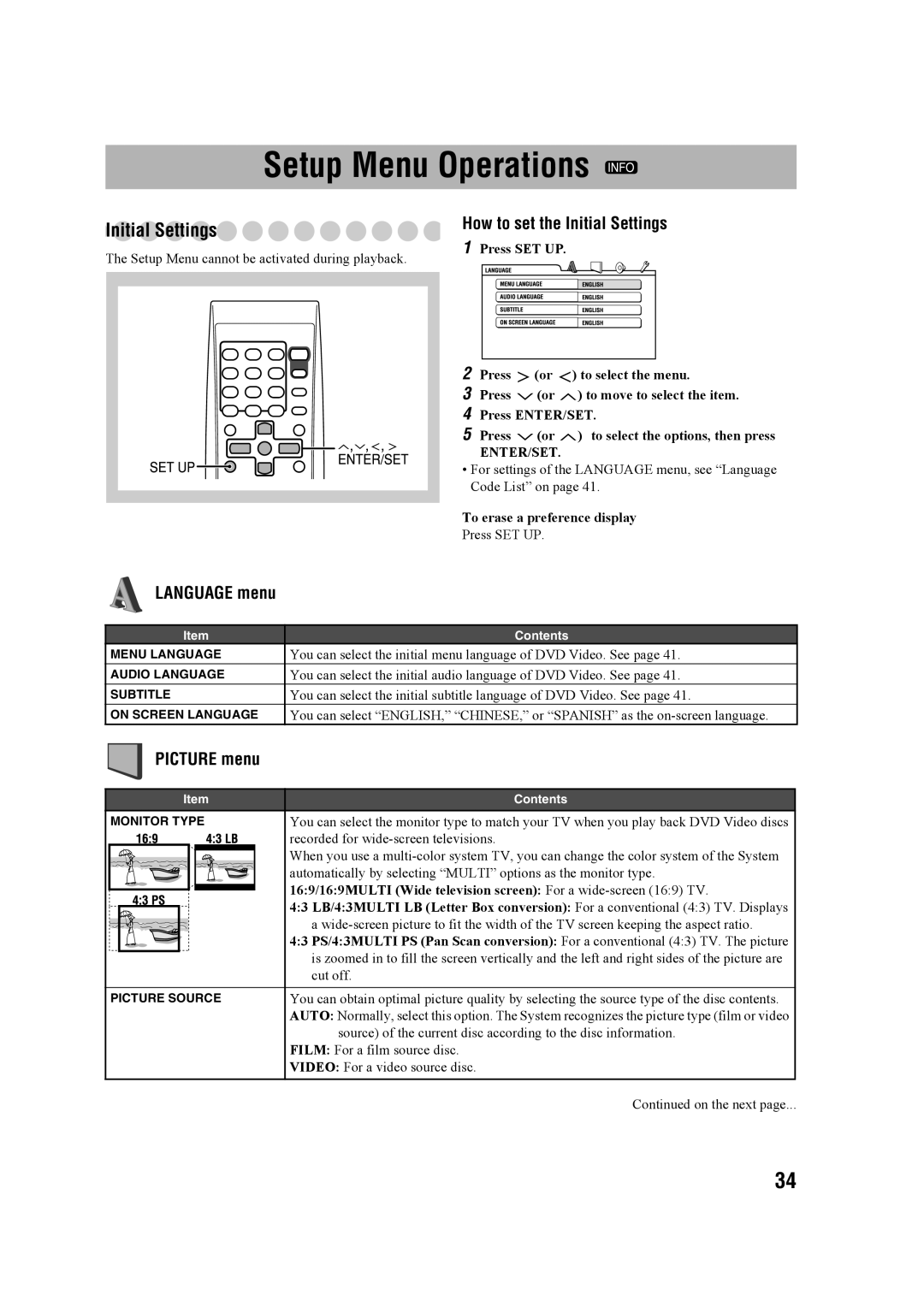 JVC CA-MXDK11 manual Setup Menu Operations, LANGUAGE menu, How to set the Initial Settings, PICTURE menu 