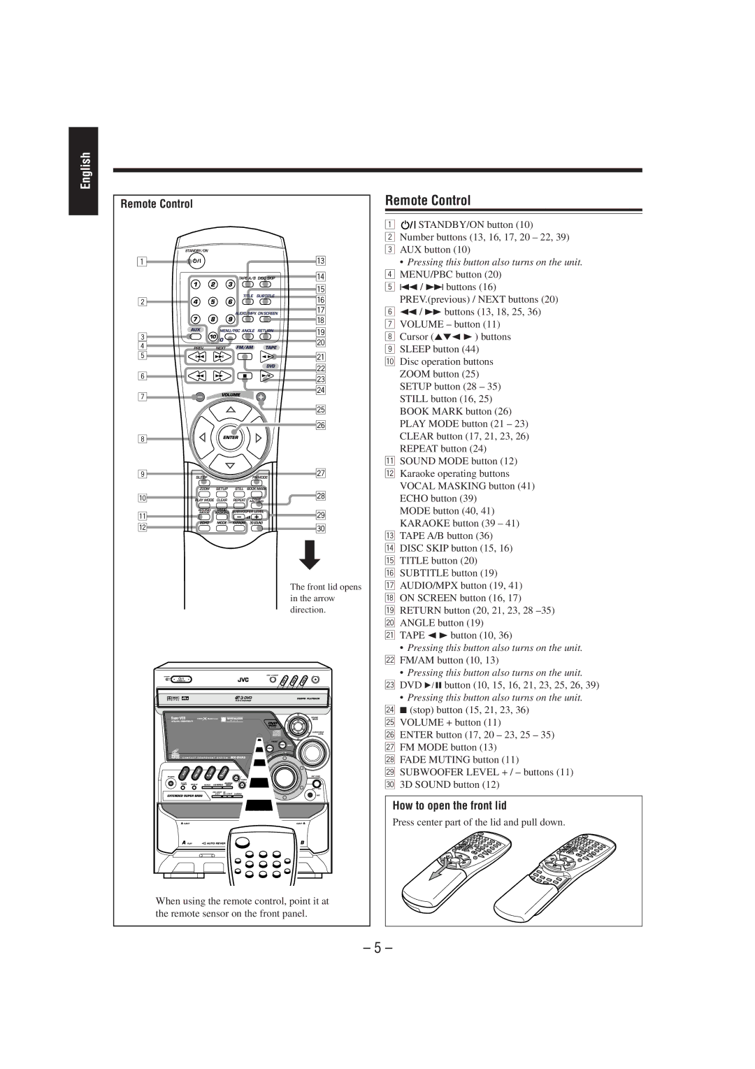 JVC CA-MXDVA5 manual Remote Control, How to open the front lid, Press center part of the lid and pull down 