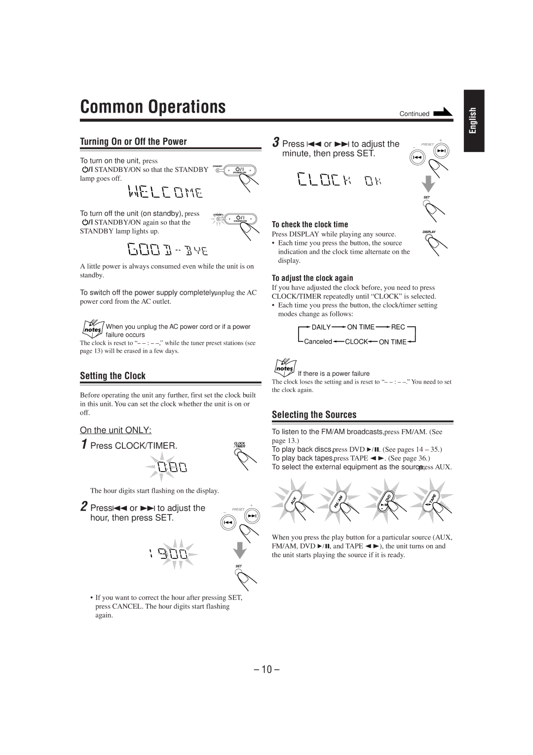 JVC CA-MXDVA5 manual Turning On or Off the Power, Setting the Clock, Selecting the Sources 