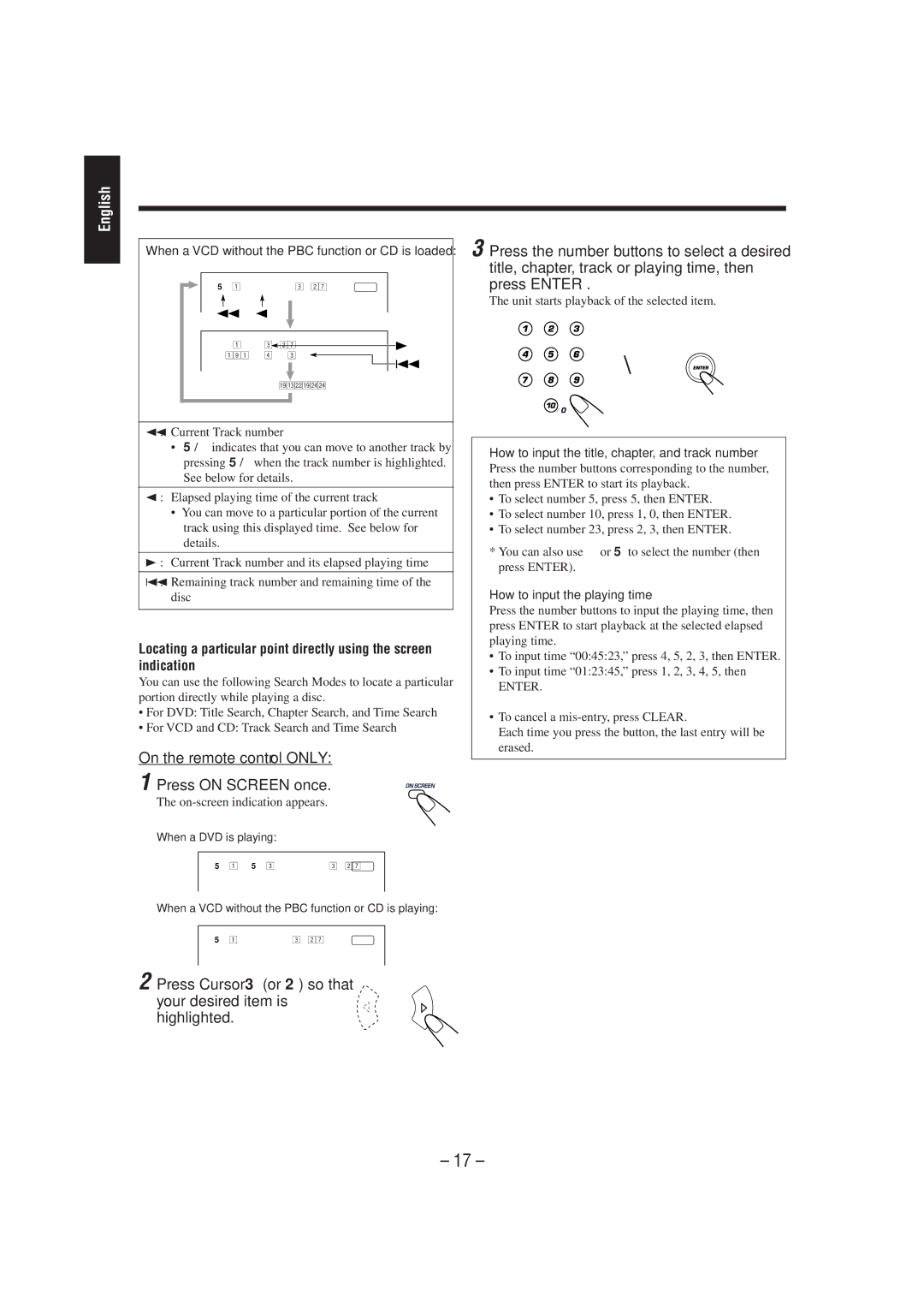 JVC CA-MXDVA5 manual On the remote control only Press on Screen once, When a VCD without the PBC function or CD is loaded 