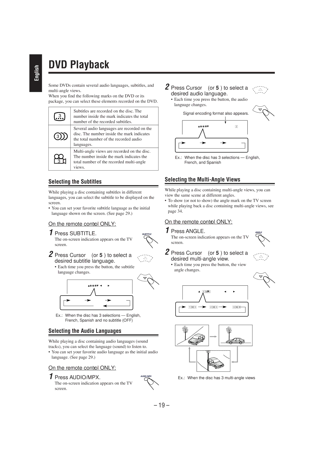 JVC CA-MXDVA5 manual DVD Playback, Selecting the Subtitles, Selecting the Multi-Angle Views, Selecting the Audio Languages 