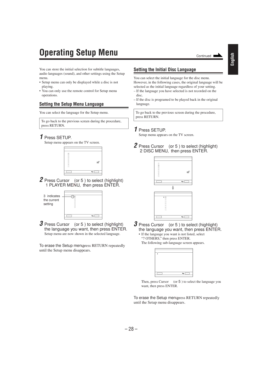 JVC CA-MXDVA5 manual Operating Setup Menu, Setting the Setup Menu Language, Setting the Initial Disc Language, Press Setup 