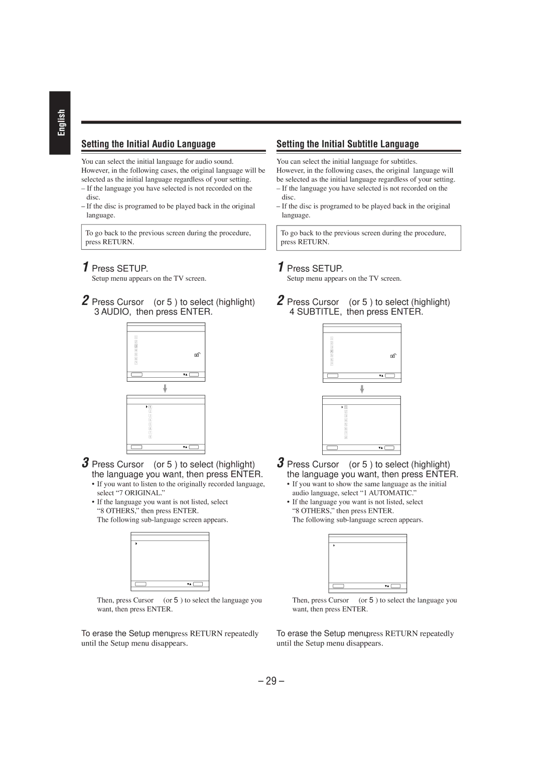 JVC CA-MXDVA5 manual To erase the Setup menu, press Return repeatedly 