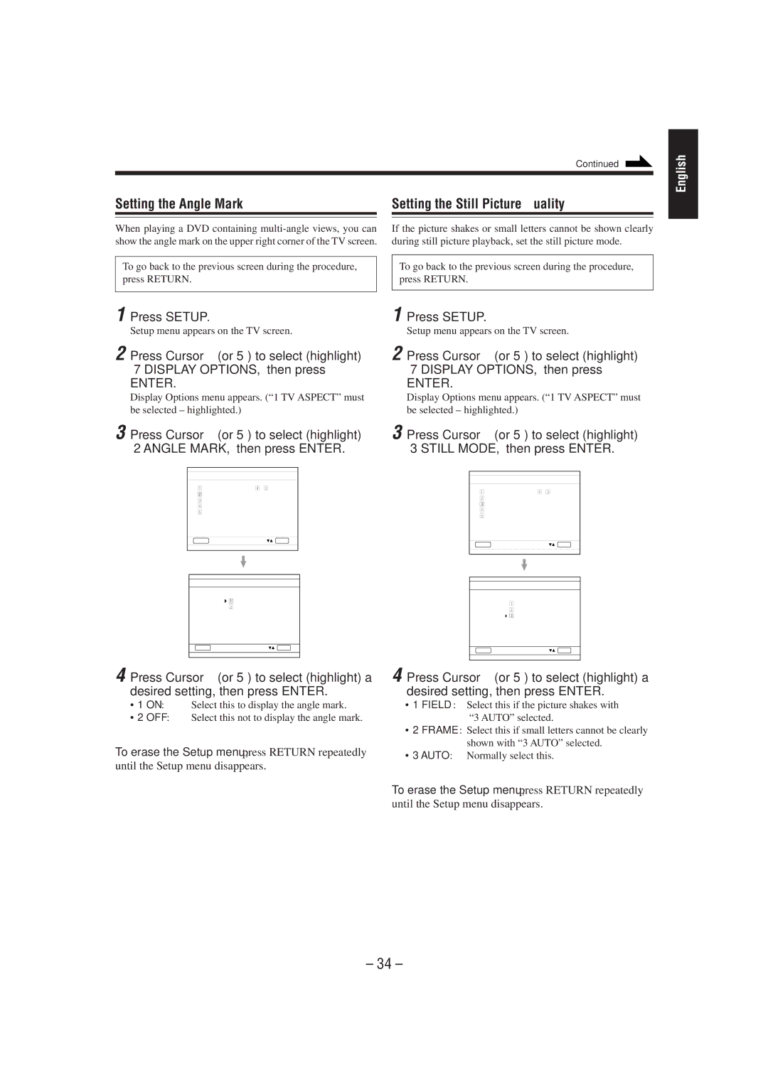 JVC CA-MXDVA5 manual Setting the Angle Mark Setting the Still Picture Quality 