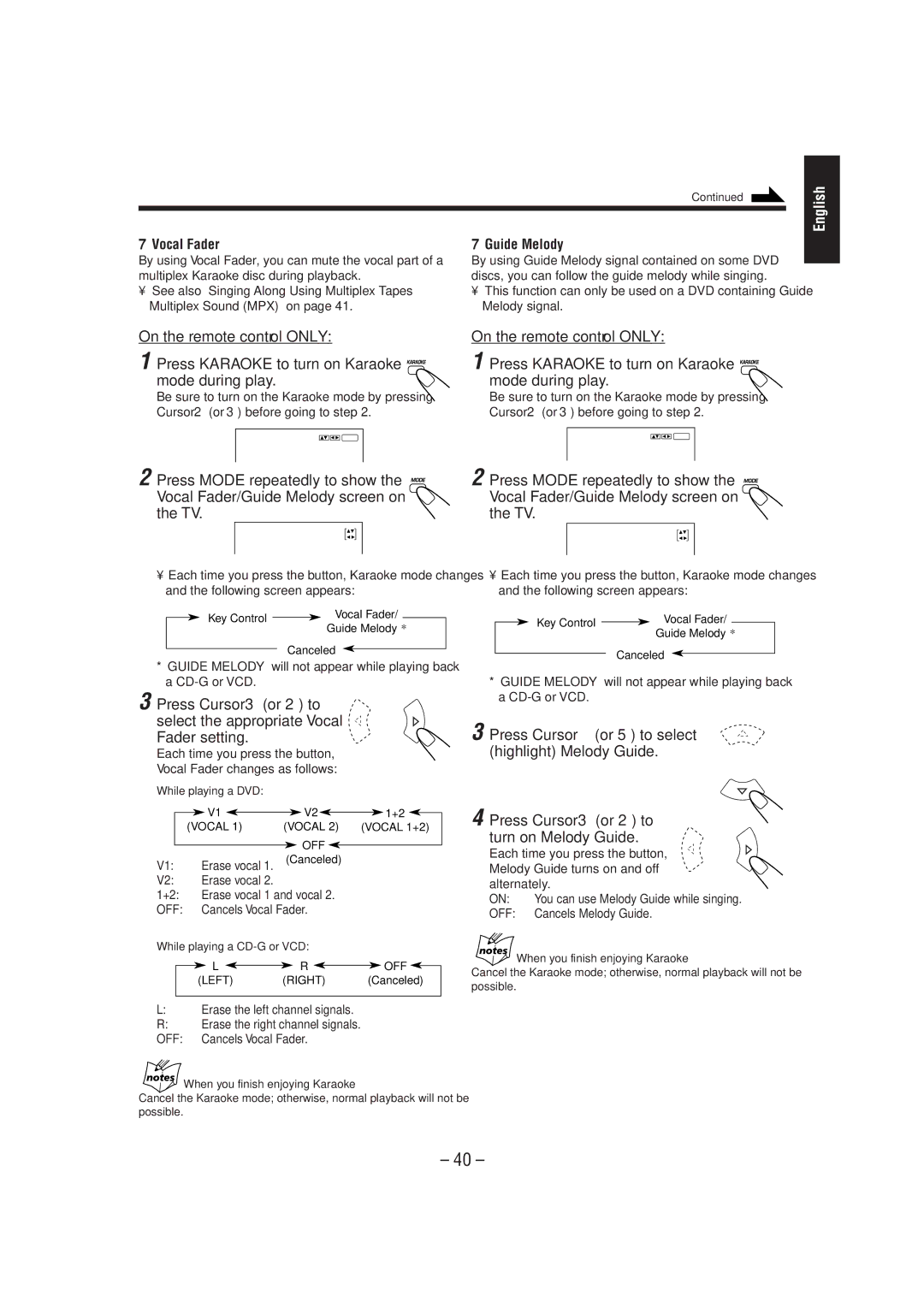 JVC CA-MXDVA5 manual Press Cursor or 5 to select highlight Melody Guide, Press Cursor 3 or 2 to turn on Melody Guide 