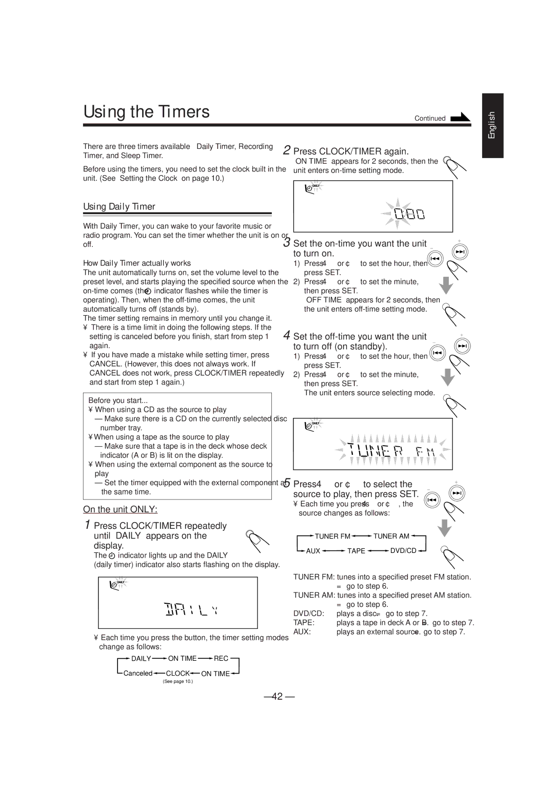 JVC CA-MXDVA5 manual Using the Timers, Using Daily Timer 