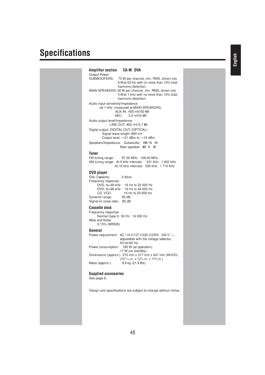 JVC CA-MXDVA5 manual Specifications 