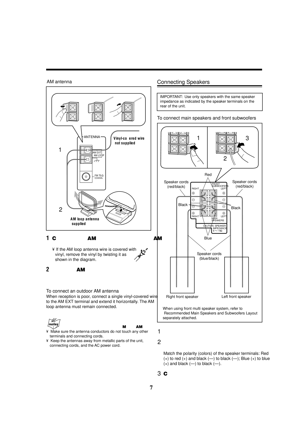 JVC CA-MXDVA9 Connecting Speakers, Turn the AM loop antenna until you have the best reception, Close the speaker terminal 