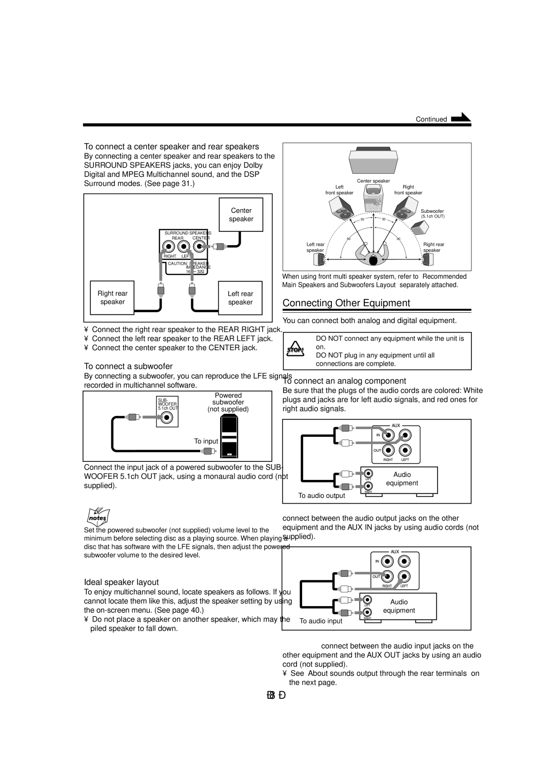 JVC CA-MXDVB10 manual Connecting Other Equipment, To connect a center speaker and rear speakers, To connect a subwoofer 