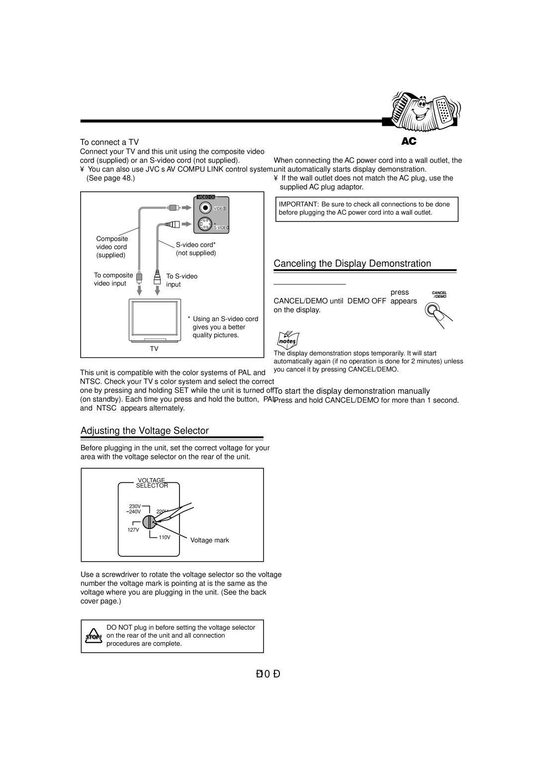 JVC CA-MXDVB10 Canceling the Display Demonstration, Adjusting the Voltage Selector, On the unit only, To connect a TV 