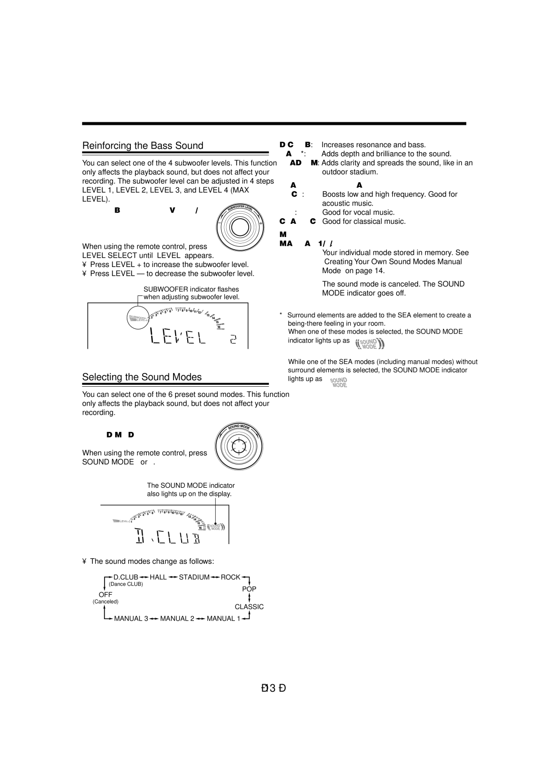 JVC CA-MXDVA9, CA-MXDVB10 manual Reinforcing the Bass Sound, Selecting the Sound Modes, SEA Sound Effect Amplifier modes 