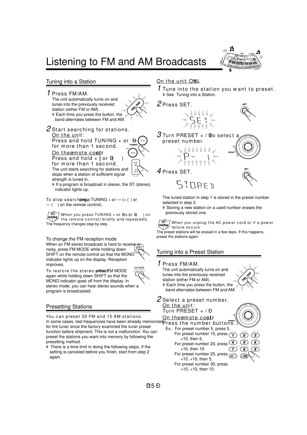 JVC CA-MXDVA9 Listening to FM and AM Broadcasts, Tuning into a Station, Presetting Stations, Tuning into a Preset Station 