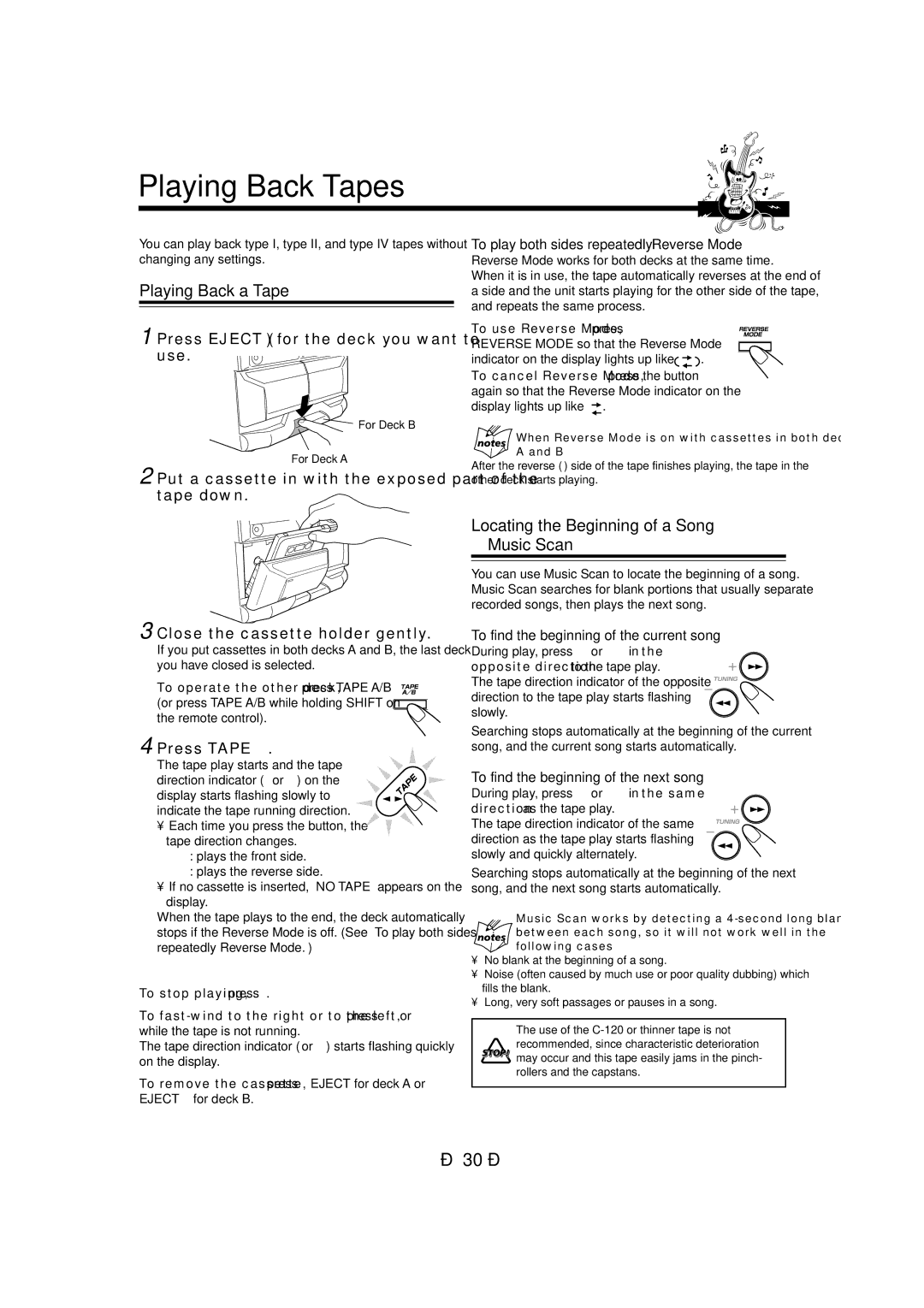 JVC CA-MXDVB10, CA-MXDVA9 manual Playing Back Tapes, Playing Back a Tape, Locating the Beginning of a Song Music Scan 