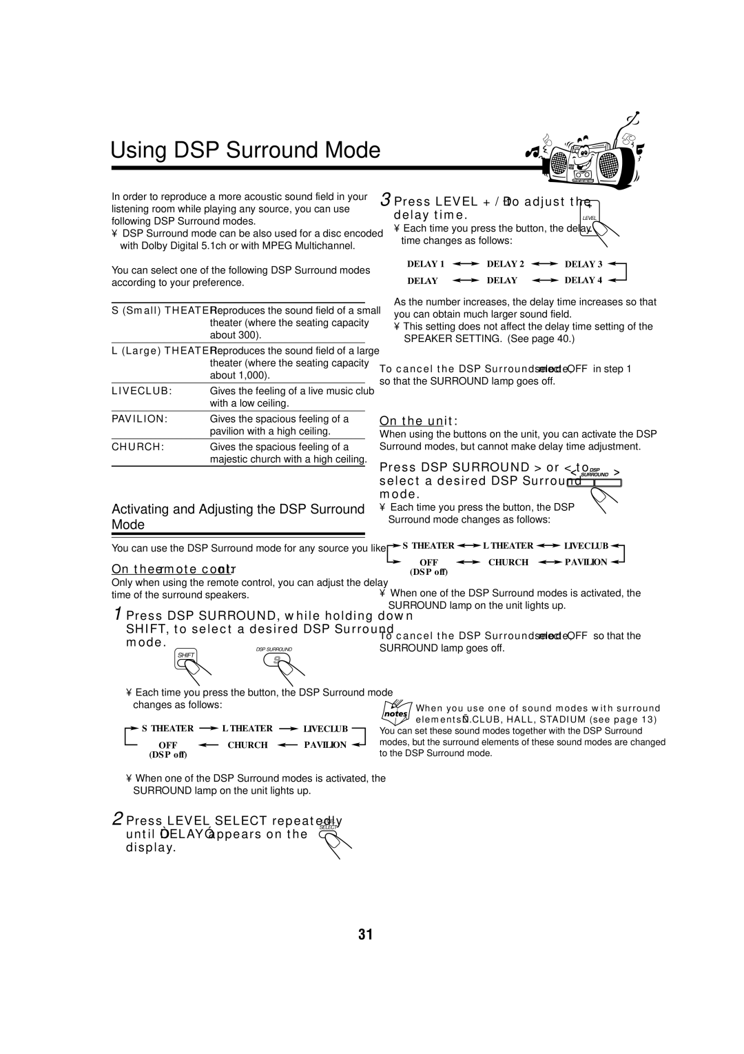 JVC CA-MXDVA9 Activating and Adjusting the DSP Surround Mode, Press DSP Surround or to select a desired DSP Surround mode 