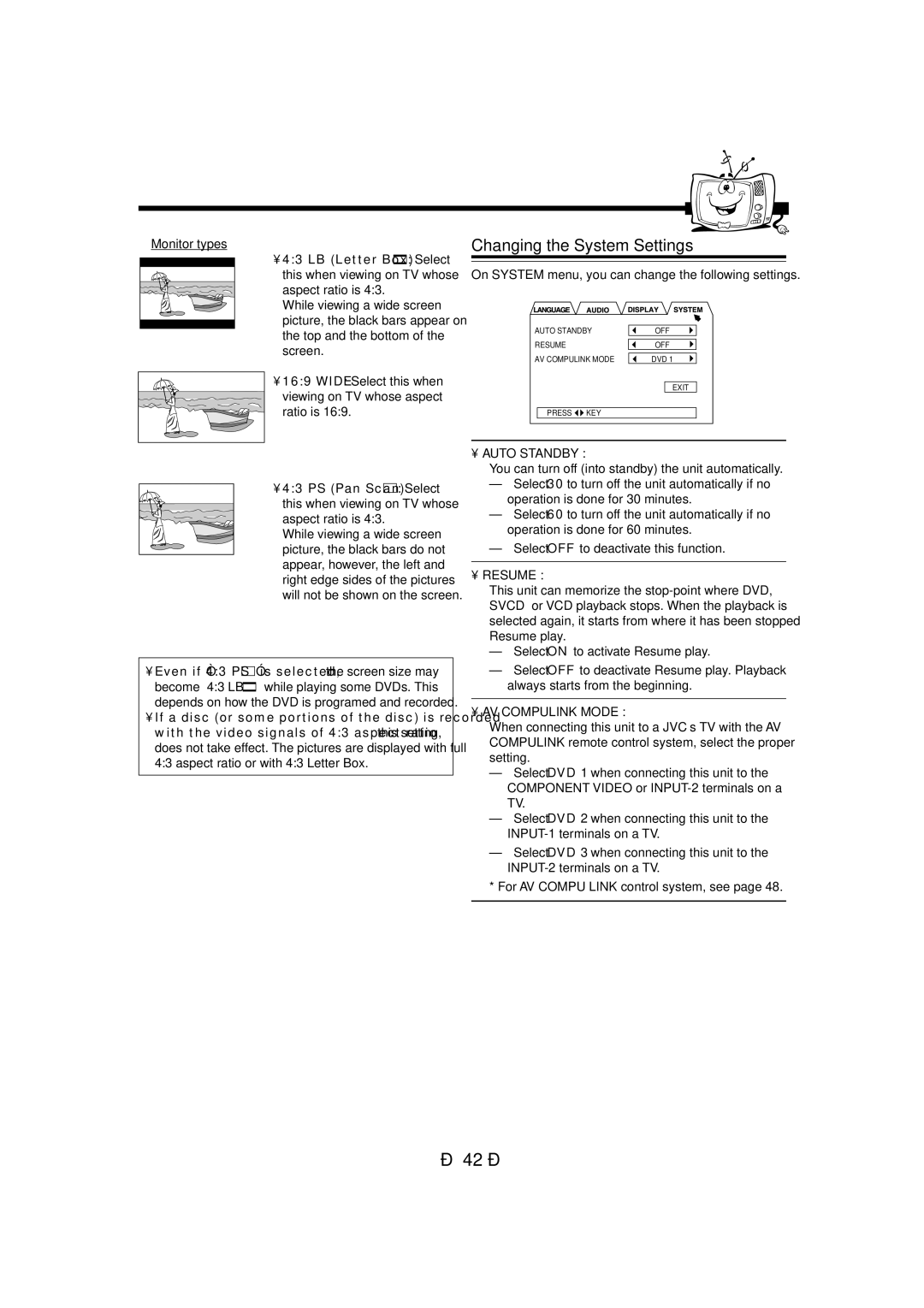 JVC CA-MXDVB10 Changing the System Settings, On System menu, you can change the following settings, Auto Standby, Resume 