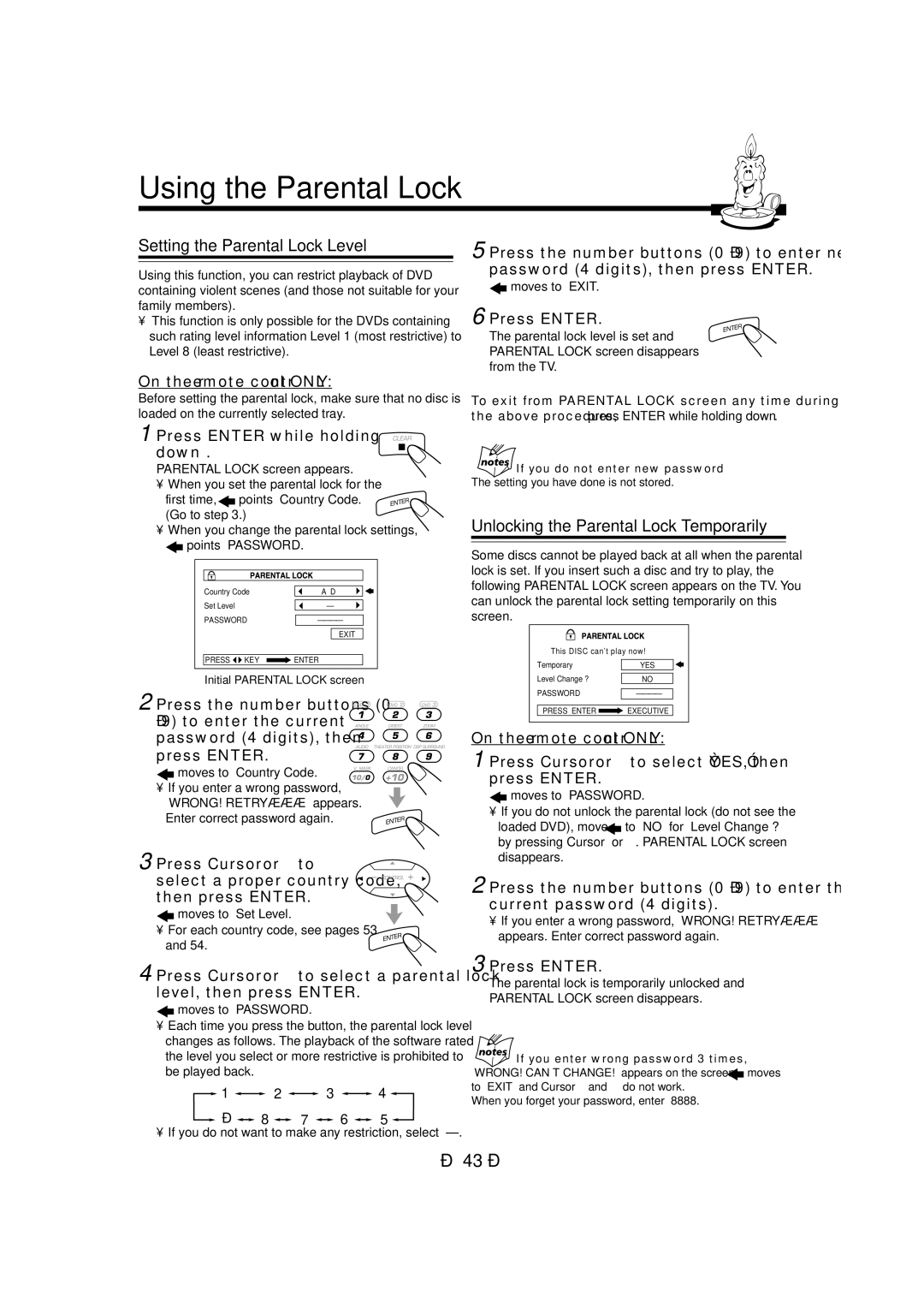 JVC CA-MXDVA9 manual Using the Parental Lock, Setting the Parental Lock Level, Unlocking the Parental Lock Temporarily 