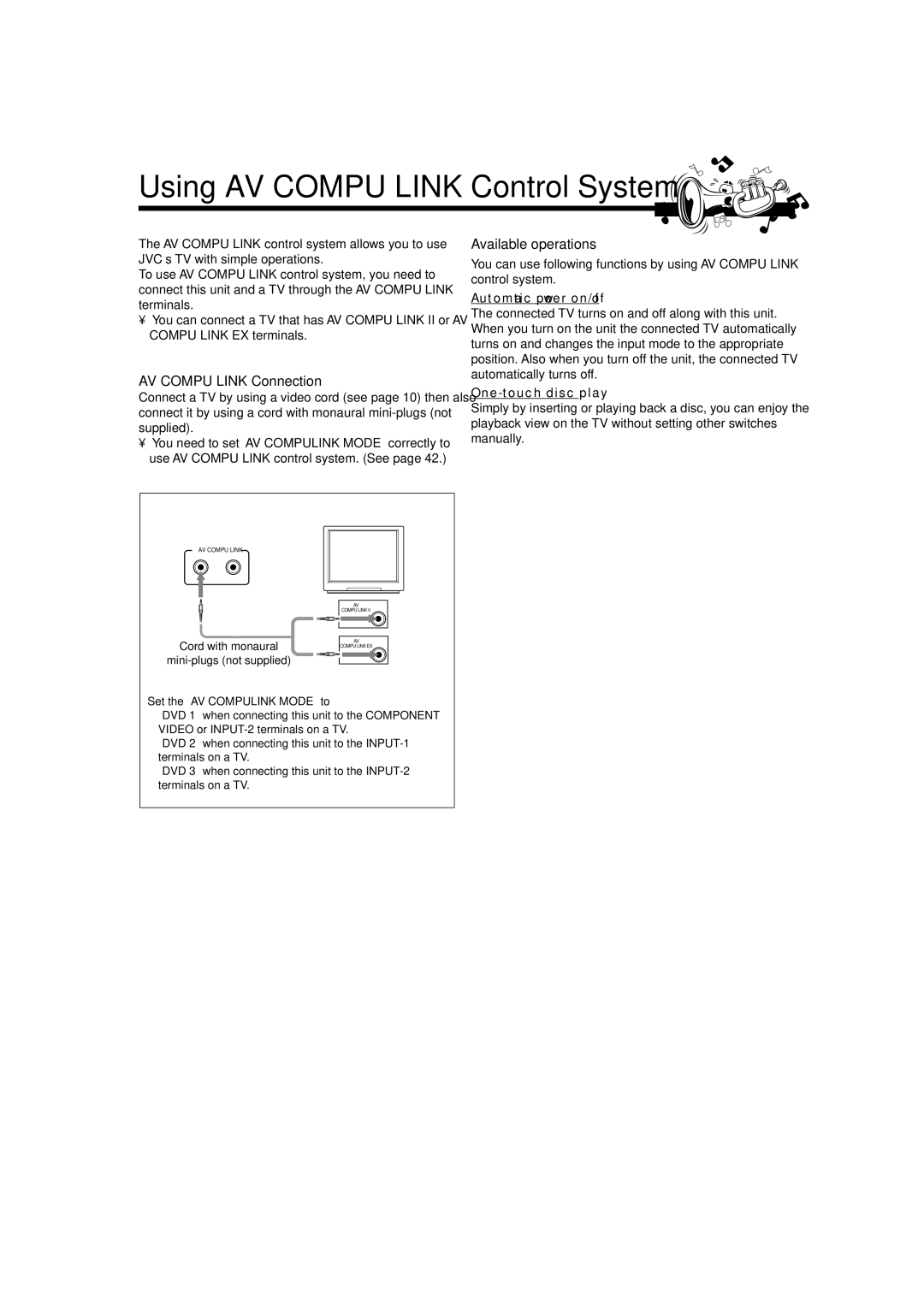 JVC CA-MXDVB10 Using AV Compu Link Control System, AV Compu Link Connection, Available operations, Automatic power on/off 