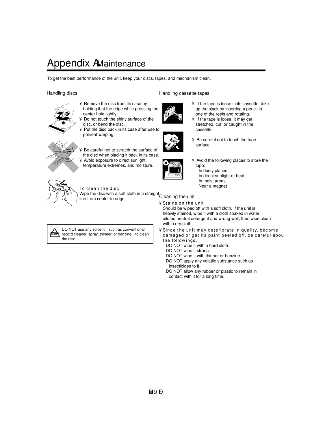 JVC CA-MXDVA9 manual Handling discs, Handling cassette tapes, Cleaning the unit, To clean the disc, Stains on the unit 