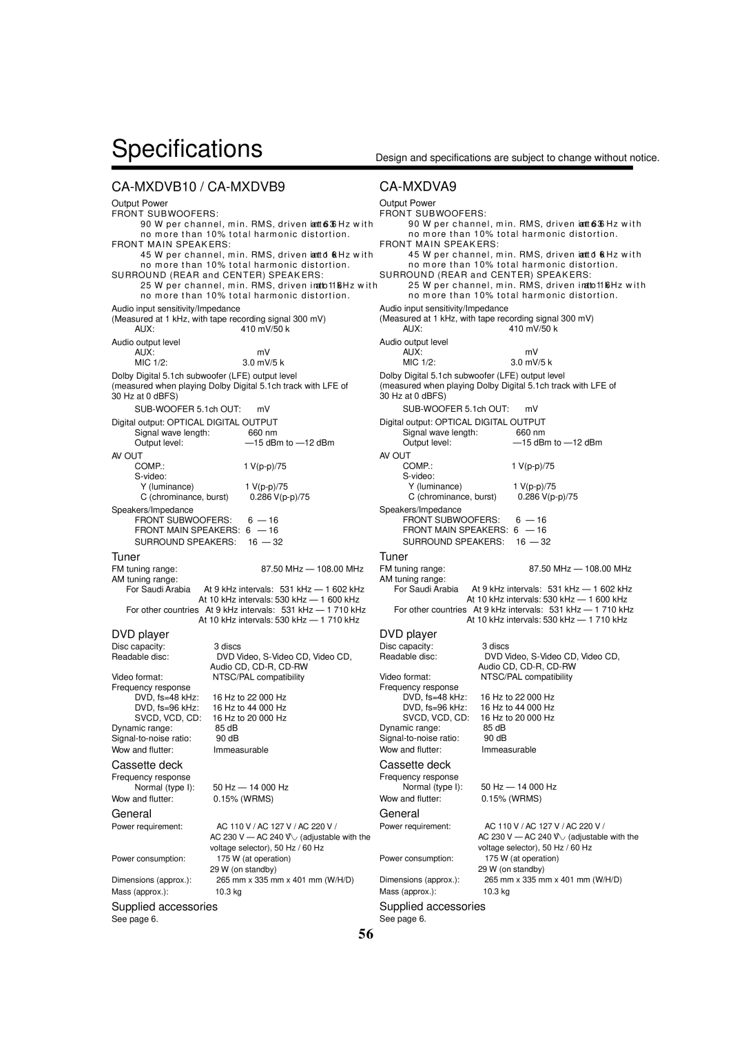 JVC CA-MXDVB10, CA-MXDVA9 manual Specifications 