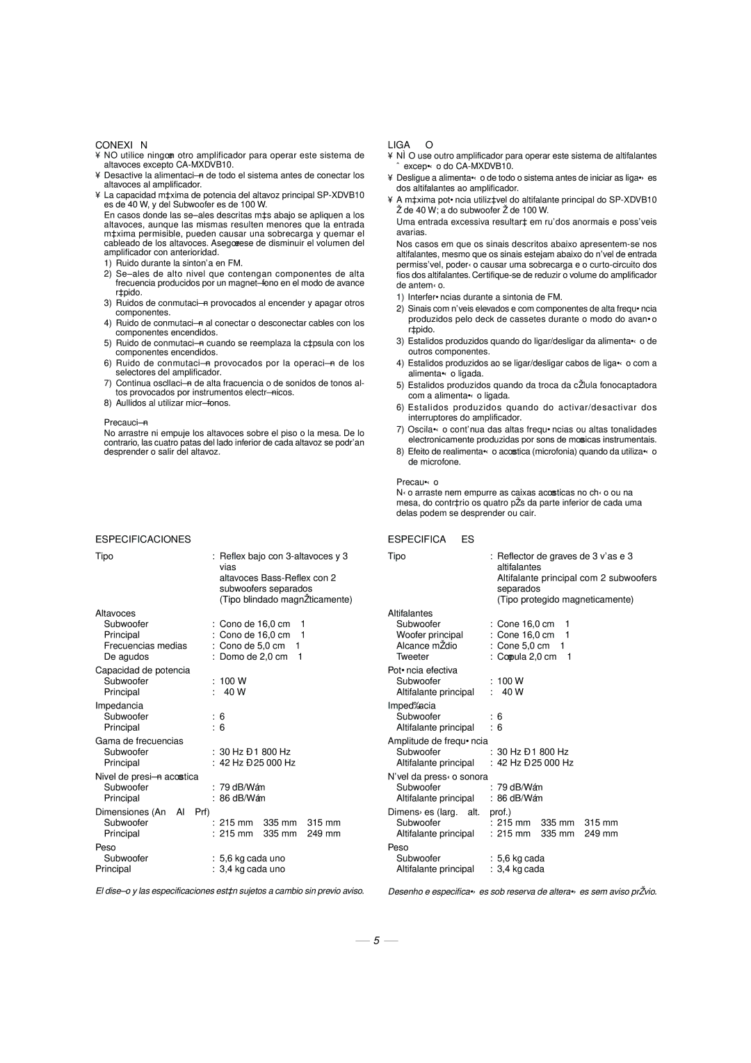 JVC CA-MXDVB10, CA-MXDVA9 manual Conexión, Ligação, Especificaciones, Especificações 